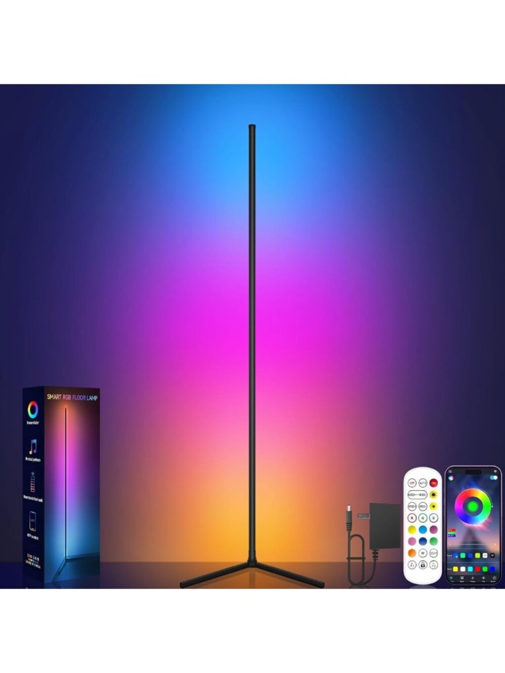 RGB LED Corner Floor Lamp with Music Sync & Remote Control - 16 Million Colors